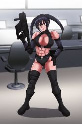 Rule 34 | &gt;:(, 1girl, abs, absurdres, adapted uniform, belt, black footwear, black hair, black thighhighs, boots, breasts, cleavage, cleavage cutout, clothing cutout, elbow gloves, elbow pads, full body, gloves, gun, hand on own hip, highleg, highres, holding, holding gun, holding weapon, midriff, military, military uniform, original, rachel thomas, rifle, shiny skin, sidelocks, solo, thighhighs, thighhighs under boots, thighs, tight clothes, twintails, uniform, weapon, yellow eyes