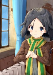 Rule 34 | &gt;:), 10s, 1girl, ame., bandage on face, bandages, black hair, blue eyes, blue sky, blush, brave witches, brick wall, commentary, curtains, fist in hand, forehead, grey shirt, grin, hair flaps, heater, highres, indoors, jacket, kanno naoe, looking at viewer, military, military jacket, military uniform, multicolored clothes, multicolored scarf, own hands together, palm-fist greeting, parted bangs, scarf, shirt, sky, smile, solo, uniform, upper body, v-shaped eyebrows, window, world witches series