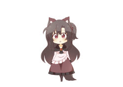 Rule 34 | 1girl, animal ear fluff, animal ears, black hair, black pantyhose, blush, brown skirt, chibi, commentary request, frilled skirt, frills, full body, hair between eyes, highres, imaizumi kagerou, long hair, long sleeves, looking at viewer, no shoes, pantyhose, parted bangs, parted lips, ponytail, red eyes, shirt, simple background, skirt, solo, standing, tail, totoharu (kujirai minato), touhou, very long hair, white background, white shirt, wolf ears, wolf girl, wolf tail