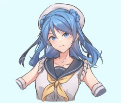 Rule 34 | 1girl, blue background, blue eyes, blue hair, cropped arms, cropped torso, double bun, elbow gloves, gloves, grey sailor collar, hair bun, hat, highres, kantai collection, knt02142769, looking at viewer, medium hair, neckerchief, sailor collar, sailor hat, school uniform, serafuku, simple background, sleeves rolled up, solo, urakaze (kancolle), white hat, yellow neckerchief