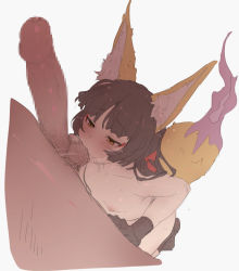 Rule 34 | 1boy, 1girl, animal ears, black hair, blush, breasts, censored, covered erect nipples, erection, fox ears, from above, gloves, hetero, kitsunebi naho (mdf an), long hair, mdf an, mosaic censoring, nude, oral, original, pov, pregnant, saliva, simple background, slit pupils, small breasts, socks, tail, testicle sucking, testicles, wet, white background, yellow eyes, aged down