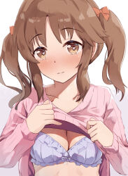 Rule 34 | 1girl, blush, bow, bow bra, bra, breasts, brown eyes, brown hair, cleavage, closed mouth, clothes lift, frilled bra, frills, gradient background, grey background, hair bow, heart, heart-shaped pupils, highres, idolmaster, idolmaster cinderella girls, lifted by self, long hair, looking at viewer, medium breasts, pink sweater, purple bra, red bow, seneto, solo, sweater, sweater lift, symbol-shaped pupils, totoki airi, twintails, underwear, white background