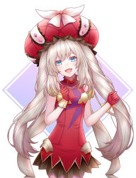 Rule 34 | 1girl, :d, black skirt, blue eyes, blush, bow, cowboy shot, fate/grand order, fate (series), floating hair, gloves, hair between eyes, hat, hat bow, head tilt, jacket, long hair, looking at viewer, marie antoinette (fate), miniskirt, open mouth, pleated skirt, red gloves, red hat, red jacket, satsu oekaki, skirt, sleeveless, sleeveless jacket, smile, solo, standing, very long hair, white background, white bow, white hair