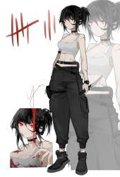 Rule 34 | 1girl, belt, belt pouch, black footwear, black hair, black pants, blood, blood on clothes, blood on face, blood on hands, blood writing, breasts, choker, cleavage, closed mouth, commentary, english commentary, facial scar, full body, highres, holding, holding weapon, knife, looking at viewer, medium breasts, multiple views, original, pants, ponytail, pouch, red eyes, scar, scar on arm, scar on cheek, scar on chest, scar on face, scar on neck, scar on stomach, signature, simple background, standing, tally, watch, weapon, white background, wristwatch, yoimon, zoom layer