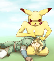 Rule 34 | 2boys, blonde hair, closed eyes, colored skin, creatures (company), creepy, ear cleaning, game freak, gen 1 pokemon, link, looking at another, looking down, lying, lying on lap, lying on person, male focus, manchu, mimikaki, multiple boys, nintendo, on floor, personification, pikachu, pikaman, pointy ears, pokemon, simple background, sky, super smash bros., the legend of zelda, what, yellow skin