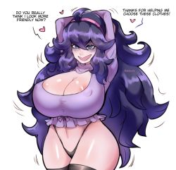 Rule 34 | 1girl, ahoge, areola slip, arms behind head, blush, breasts, covered erect nipples, creatures (company), curvy, english text, game freak, hairband, hex maniac (pokemon), huge breasts, long hair, navel, nintendo, open mouth, panties, pinkkoffin, pokemon, pokemon xy, purple eyes, purple hair, ribbon, simple background, smile, solo, thighhighs, underwear, white background