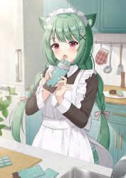 Rule 34 | 1girl, :o, absurdres, animal ear fluff, animal ears, apron, black dress, blush, braid, candy, cat ears, chocolate, chocolate bar, collared dress, commentary request, doughnut, dress, fangs, food, frilled apron, frills, green hair, hair ornament, hands up, highres, holding, holding food, indoors, kitchen, ladle, long hair, low twintails, maid, maid apron, maid headdress, open mouth, original, oven mitts, plate, red eyes, refrigerator, solo, spatula, twin braids, twintails, very long hair, white apron, wooden wall, x hair ornament, yukiunag1
