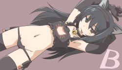 Rule 34 | 1girl, :p, arms up, bell, black bra, black choker, black gloves, black hair, black thighhighs, bra, brown eyes, cat cutout, cat ear panties, cat lingerie, choker, cleavage cutout, closed mouth, clothing cutout, flat chest, frilled bra, frills, girls und panzer, gloves, groin, hairband, half-closed eyes, long hair, looking at viewer, lowleg, lowleg panties, lying, meme attire, navel, neck bell, on back, panties, pink background, reizei mako, side-tie panties, simple background, smile, solo, string panties, tewarusa, thighhighs, tongue, tongue out, underwear, underwear only, white hairband