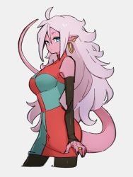 Rule 34 | 1girl, android 21, black nails, blue eyes, breasts, checkered clothes, checkered dress, colored skin, dragon ball, dragon ball fighterz, dress, earrings, grey background, hair between eyes, hoop earrings, jewelry, kemachiku, long hair, looking at viewer, majin android 21, medium breasts, nail polish, pink skin, pointy ears, ring, simple background, solo, tail, white hair