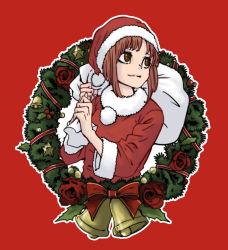 Rule 34 | 1girl, absurdres, bell, brown eyes, brown hair, christmas, closed mouth, coat, commentary, flower, fur-trimmed coat, fur trim, girls und panzer, hat, highres, holding, holding sack, holly, long sleeves, looking to the side, nishizumi miho, over shoulder, red background, red coat, red flower, red hat, red rose, rose, sack, santa costume, santa hat, short hair, skrmtl, smile, solo, star (symbol), upper body, wreath