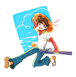 Rule 34 | 1boy, :d, arm up, blush, brown hair, cloud, day, denim, full body, hat, jeans, long sleeves, looking at viewer, male focus, mihira sanpei, oh3ru, open mouth, pants, red shirt, running, sandals, shirt, short hair, smile, solo, straw hat, sun hat, tsurikichi sanpei, white shirt