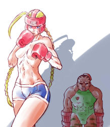 Rule 34 | 1boy, 1girl, :t, abs, bad id, bad pixiv id, blonde hair, boxing gloves, braid, cammy white, cammy white (cosplay), capcom, cosplay, costume switch, hat, kayoko (artist), leotard, balrog (street fighter), muscular, street fighter, teeth, topless, twin braids