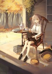 Rule 34 | 1girl, animal, animal on lap, autumn, basket, black cat, blue eyes, book, brown hair, cat, chair, cup, hair tie, hat, heterochromia, highres, leaf, long hair, long sleeves, looking at animal, on lap, original, ribbon, shoes, sitting, skirt, solo, sumi 0525, table, teacup, teapot, tree, witch, witch hat, yellow eyes