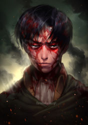 Rule 34 | 1boy, ascot, black hair, blood, blood on face, capelet, enzo fernandez, frown, green capelet, highres, levi (shingeki no kyojin), lips, looking at viewer, male focus, parted bangs, realistic, scene reference, shingeki no kyojin, solo, steam, straight-on, upper body