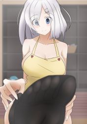 Rule 34 | 1girl, apron, bare shoulders, black legwear, blue eyes, blush, breasts, feet, foot focus, hair ornament, hairclip, highres, large breasts, naked apron, no shoes, pov, see-through, see-through legwear, silver hair, smile, soles, toes