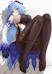 Rule 34 | 1girl, absurdres, ahoge, bed sheet, blue hair, blush, bodystocking, breasts, closed mouth, detached sleeves, full body, ganyu (genshin impact), genshin impact, goat horns, highres, horns, knees up, large breasts, leavv, legs, long hair, lying, no shoes, on back, purple eyes, solo, thighs, very long hair