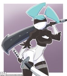 Rule 34 | 1girl, android, ass, black leotard, blindfold, blue hair, boots, breasts, cleavage, cleavage cutout, clothing cutout, cosplay, curvy, dankodeadzone, female focus, highres, jenny wakeman, leotard, my life as a teenage robot, nier (series), nier:automata, no humans, solo, sword, thigh boots, thighhighs, twintails, weapon, 2b (nier:automata) (cosplay)
