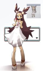 1girl breasts brown_eyes brown_hair closed_mouth creatures_(company) dot_mouth dress full_body game_freak hair_bobbles hair_ornament hashtag-only_commentary highres holding holding_poke_ball id_card jasmine_(pokemon) long_hair nintendo poke_ball poke_ball_(basic) pokemon pokemon_gsc reference_inset shakeeeeeeeee shoes simple_background sleeveless sleeveless_dress small_breasts standing two_side_up very_long_hair white_dress white_footwear