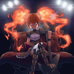 Rule 34 | 1girl, backlighting, boots, borrowed character, couch, crossed legs, electric guitar, fiery hair, flaming hair, glowing, glowing eyes, gradient background, guitar, highres, instrument, jiffic, knee boots, looking at viewer, mascot, matching hair/eyes, megalomachia2, orange eyes, orange hair, original, puffy short sleeves, puffy sleeves, short sleeves, sitting, skirt, smile, solo, stage lights, thighhighs, twintails, white thighhighs