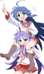 2girls :3 absurdres ahoge ankle_socks blush carrying cynical_(llcbluckg_c004) dot_nose fang feet furrowed_brow green_eyes hand_on_another&#039;s_head hand_on_another&#039;s_knee hand_on_another&#039;s_leg highres hiiragi_kagami izumi_konata long_hair long_sleeves looking_ahead lucky_star medium_bangs midriff_peek mole mole_under_eye multiple_girls navel neckerchief notice_lines open_mouth pink_neckerchief pleated_skirt pointing pointing_up purple_eyes purple_hair red_sailor_collar red_skirt red_sleeve_cuffs sailor_collar school_uniform serafuku short_twintails shoulder_carry sidelocks sitting sitting_on_person sitting_on_shoulder skin_fang skirt socks sweatdrop thighs twintails v-shaped_eyebrows very_long_hair white_background white_serafuku white_sleeves white_stripes