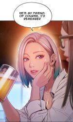 Rule 34 | alcohol, bak hyeong jun, beer, beer mug, cha yuna, cup, english text, hand on own cheek, hand on own face, highres, jewelry, love limit exceeded, mole, mole under mouth, mug, short hair