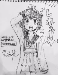 Rule 34 | 10s, 1girl, 2016, binoculars, dated, dress, female focus, gradient background, greyscale, headgear, highres, kantai collection, looking at viewer, monochrome, open mouth, sailor dress, salute, sketch, sleeves past wrists, solo, throat microphone, traditional media, translation request, watanore, yukikaze (kancolle)