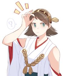 Rule 34 | 1girl, bare shoulders, brown hair, detached sleeves, flipped hair, green eyes, hairband, hat, headgear, hiei (kancolle), holding, holding clothes, holding hair, holding hat, kantai collection, looking at viewer, nontraditional miko, ribbon-trimmed sleeves, ribbon trim, short hair, simple background, solo, tanaka io (craftstudio), upper body, white background
