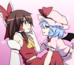 Rule 34 | 2girls, ascot, bare shoulders, bat wings, blue hair, bow, brown hair, detached sleeves, fang, female focus, finger to mouth, from side, gradient background, hair bow, hair tubes, hakurei reimu, hand on another&#039;s face, hat, heart, japanese clothes, leon (mikiri hassha), midriff, midriff peek, miko, mob cap, multiple girls, navel, pink background, red eyes, remilia scarlet, short hair, sitting, skirt, touhou, wings, yuri