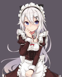 Rule 34 | 1girl, 9a-91 (bullets cafe) (girls&#039; frontline), 9a-91 (girls&#039; frontline), alternate costume, apron, blue eyes, blush, boots, bow, breasts, cleavage, closed mouth, corset, embarrassed, girls&#039; frontline, grey background, grey hair, hair between eyes, hair bow, hair ornament, hairclip, hand on own cheek, hand on own face, highres, ivan wang, juliet sleeves, long hair, long sleeves, looking at viewer, looking away, maid, maid headdress, medium breasts, ponytail, puffy sleeves, sidelocks, simple background, solo, thighhighs, very long hair, waist apron