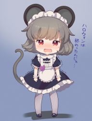 Rule 34 | 1girl, alternate costume, animal ears, apron, blush, chibi, dress, embarrassed, enmaided, full-face blush, full body, furrowed brow, grey hair, highres, iris anemone, maid, maid headdress, mouse ears, mouse tail, nazrin, pigeon-toed, red eyes, solo, tail, touhou, translation request, trembling