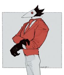 Rule 34 | beak, bird, black feathers, coat, deltarune, feathers, furry, furry male, looking to the side, male focus, nagabe, pants, red coat, red eyes, red tie, shirt, signature, simple background, solo, solo focus, swatchling (deltarune), white pants, white shirt
