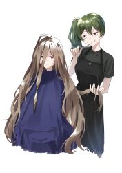 Rule 34 | 2girls, :q, ahoge, apron, barber cape, black apron, black shirt, brown eyes, brown hair, closed mouth, cutting hair, expressionless, green hair, grey shirt, hair between eyes, hand up, highres, holding, holding another&#039;s hair, holding scissors, initial, licking lips, long bangs, long hair, looking at another, looking at viewer, multiple girls, ponytail, profnote, purple eyes, revision, scissors, sense (sousou no frieren), shirt, short sleeves, side ponytail, sidelocks, smile, sousou no frieren, split mouth, sweatdrop, t-shirt, tongue, tongue out, ubel (sousou no frieren), very long hair, white background