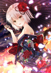 Rule 34 | 1girl, ahoge, bare shoulders, blonde hair, cherry blossoms, fate/grand order, fate (series), floral print, flower, glowing, glowing petals, hair flower, hair ornament, highres, iroha (shiki), japanese clothes, jeanne d&#039;arc (fate), jeanne d&#039;arc alter (avenger) (fate), jeanne d&#039;arc alter (fate), kimono, looking at viewer, oil-paper umbrella, open mouth, petals, short hair, solo, umbrella, yellow eyes