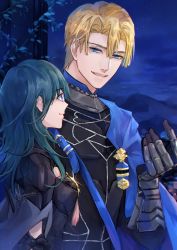 Rule 34 | 1boy, 1girl, armor, artist name, black gloves, blonde hair, blue cloak, blue eyes, byleth (female) (fire emblem), byleth (fire emblem), cloak, dimitri alexandre blaiddyd, fire emblem, fire emblem: three houses, gloves, green hair, hair between eyes, highres, long hair, looking at another, metal gloves, ningyo, nintendo, open mouth, outdoors, parted bangs, plant, profile, short hair, sideburns, smile, upper body, vines