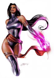 1girl closed_mouth commentary cropped_legs elbow_gloves floating_hair glint gloves halter_leotard halterneck highres leotard long_hair looking_ahead marvel marvel_rivals oluyemiart psylocke red_lips red_sash sash silver_leotard simple_background solo thighhighs white_background x-men