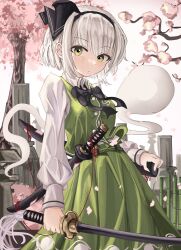 Rule 34 | 1girl, absurdres, bamboo, black hairband, cherry blossoms, closed mouth, commentary, english commentary, ghost, green eyes, green skirt, green vest, hairband, highres, holding, holding sword, holding weapon, konpaku youmu, konpaku youmu (ghost), long sleeves, looking at viewer, multiple swords, ougiikun, shirt, short hair, skirt, solo, sword, touhou, vest, weapon, white hair, white shirt