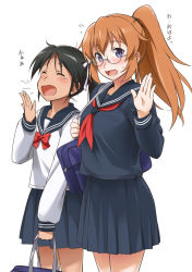 Rule 34 | 2girls, alternate costume, alternate hairstyle, bag, bespectacled, black hair, black serafuku, blue eyes, blush, breasts, charlotte e. yeager, closed eyes, fang, francesca lucchini, glasses, large breasts, long hair, looking at viewer, multiple girls, open mouth, orange hair, ponytail, revision, rimless eyewear, school bag, school uniform, serafuku, simple background, smile, strike witches, tears, white background, world witches series, yawning, youkan