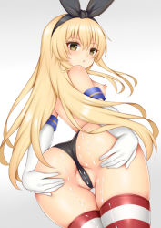 Rule 34 | 1girl, ass, bare shoulders, black panties, blonde hair, breasts, cowboy shot, dutch angle, female focus, from behind, gloves, graident background, hair between eyes, hairband, kantai collection, long hair, looking at viewer, looking back, looking down, nipples, panties, partially visible vulva, red thighhighs, shimakaze (kancolle), shiny clothes, shiny skin, small breasts, solo, striped clothes, striped thighhighs, suggestive fluid, thigh gap, thighhighs, toshishikisai, underwear, white gloves, white thighhighs