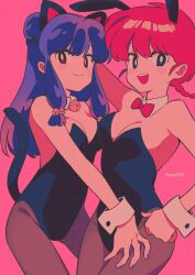 Rule 34 | 2girls, animal ears, blush stickers, bow, breasts, bright pupils, cat ears, cat tail, highres, leotard, medium breasts, menma (enaic31), multiple girls, open mouth, pink background, playboy bunny, purple hair, rabbit ears, ranma-chan, ranma 1/2, red bow, red eyes, red hair, shampoo (ranma 1/2), simple background, tail, white pupils