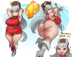 Rule 34 | 1girl, absurdres, animal ears, armpits, ass, bad id, bad pixiv id, boots, breasts, dress, ear covers, english text, forastero, gloves, gold ship (umamusume), grey footwear, grey gloves, grey hair, hat, high heel boots, high heels, highres, horse ears, horse girl, horse tail, huge ass, large breasts, long hair, pillbox hat, plump, purple eyes, red dress, short dress, shortstack, smile, speech bubble, tail, thick thighs, thighhighs, thighs, troll face, trolling, umamusume