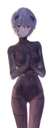 Rule 34 | 1girl, absurdres, akasaai, ayanami rei, blue hair, bodysuit, breasts, closed mouth, commentary request, evangelion: 3.0 you can (not) redo, highres, looking at viewer, medium breasts, neon genesis evangelion, own hands together, plugsuit, rebuild of evangelion, red eyes, revision, short hair, simple background, solo, standing, thigh gap, white background