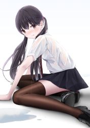 Rule 34 | 1girl, bad id, bad pixiv id, black hair, black thighhighs, blush, brown eyes, chikuwa (glossymmmk), chikuwa (odennabe), commentary request, dress shirt, from side, loafers, long hair, looking at viewer, necktie, original, rain, school uniform, see-through, shiny clothes, shirt, shoes, sitting, skirt, solo, striped necktie, striped neckwear, tears, thighhighs, twintails, wet, wet clothes, wet shirt, white shirt, yokozuwari