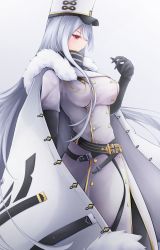 Rule 34 | 1girl, absurdres, azur lane, black gloves, breasts, buttons, coat, coat dress, double-breasted, elbow gloves, from side, gloves, gold trim, hair between eyes, hat, high collar, highres, large breasts, long hair, looking at viewer, military hat, osatou (soul of sugar), red eyes, sideways glance, simple background, solo, sovetskaya rossiya (azur lane), standing, very long hair, white background, white coat, white hair