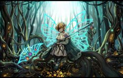 Rule 34 | 1boy, axe, birdcage, blonde hair, cage, cape, capelet, closed mouth, dress, earmuffs, faelantern (project moon), fairy wings, flaw eight, forest, green cape, green footwear, highres, holding, limbus company, looking at viewer, nature, plant roots, pom pom (clothes), project moon, shirt, shoes, sinclair (project moon), sitting, smile, socks, solo, striped clothes, striped shirt, striped socks, white capelet, white dress, wings, yellow eyes