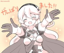 Rule 34 | 1girl, ^ ^, armor, cape, closed eyes, corrin (female) (fire emblem), corrin (fire emblem), eromame, fang, fire emblem, fire emblem fates, hairband, long hair, monochrome, nintendo, open mouth, outstretched arms, pointy ears, simple background, solo, twitter username, upper body