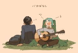 Rule 34 | 1boy, 1girl, acoustic guitar, alternate costume, arm support, backpack, bag, black bag, black hair, black jacket, blue hair, blush stickers, brown background, brown pants, casual, closed eyes, commentary request, facing away, facing viewer, full body, grass, green footwear, grey shirt, guitar, hatsune miku, holding, holding guitar, holding instrument, indian style, instrument, jacket, long hair, long sleeves, matsuzaki black, music, musical note, on ground, open mouth, pants, playing guitar, salaryman, shirt, shoes, side-by-side, simple background, singing, sitting, smile, song name, spoken musical note, twintails, very long hair, vocaloid