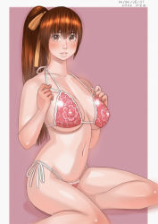 Rule 34 | 1girl, bikini, blush, breasts, brown eyes, brown hair, covered erect nipples, dated, dead or alive, female focus, hair ornament, hair ribbon, kasumi (doa), large breasts, lips, long hair, looking at viewer, navel, outside border, parted lips, ponytail, purple background, ribbon, shiny clothes, shiny skin, side-tie bikini bottom, simple background, sitting, solo, swimsuit, tecmo, underboob, zenkou