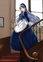 Rule 34 | 1girl, apron, blue eyes, blue hair, earrings, gustav (telomere na), highres, jewelry, long hair, long sleeves, looking at viewer, maid, maid apron, maid headdress, matching hair/eyes, original, photo (object), solo, stairs, window