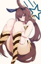Rule 34 | 1girl, absurdres, admire vega (umamusume), animal ears, animal print, bare shoulders, blush, bonkareohagi, brown hair, commentary request, crop top, ear covers, fake horns, highres, holding own leg, horns, horse ears, horse girl, horse tail, kneehighs, knees up, long hair, looking at viewer, ponytail, red eyes, simple background, single ear cover, smile, socks, solo, star (symbol), tail, tiger print, umamusume, umamusume: star blossom, very long hair, white background