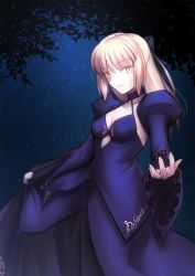 Rule 34 | 1girl, artoria pendragon (all), artoria pendragon (fate), black bow, blue sleeves, bow, breasts, choker, cleavage, collarbone, fate/stay night, fate (series), hair between eyes, hair bow, highres, light particles, long hair, long skirt, long sleeves, looking at viewer, medium breasts, night, outdoors, parted lips, purple skirt, reaching, saber alter, shoori (migiha), shrug (clothing), silver hair, skirt, skirt hold, skirt set, solo, standing, yellow eyes